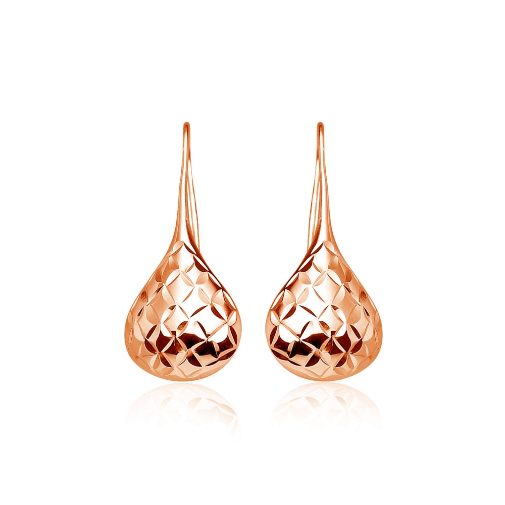Rose Gold Flashed Sterling Silver Diamond-Cut Pear Shape Lotus Polished Drop Earrings-2