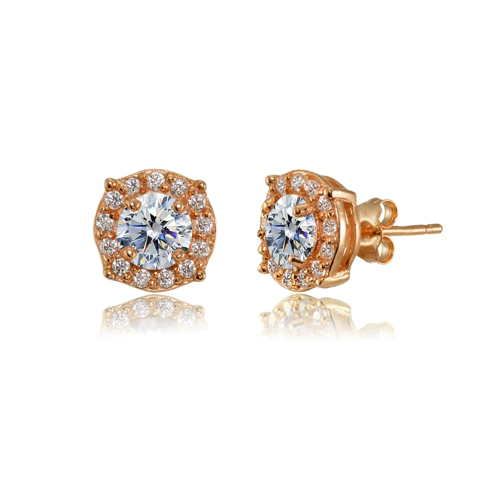 Rose Gold Flashed Sterling Silver 5mm Round Clear Halo Stud Earrings created with Swarovski Crystals