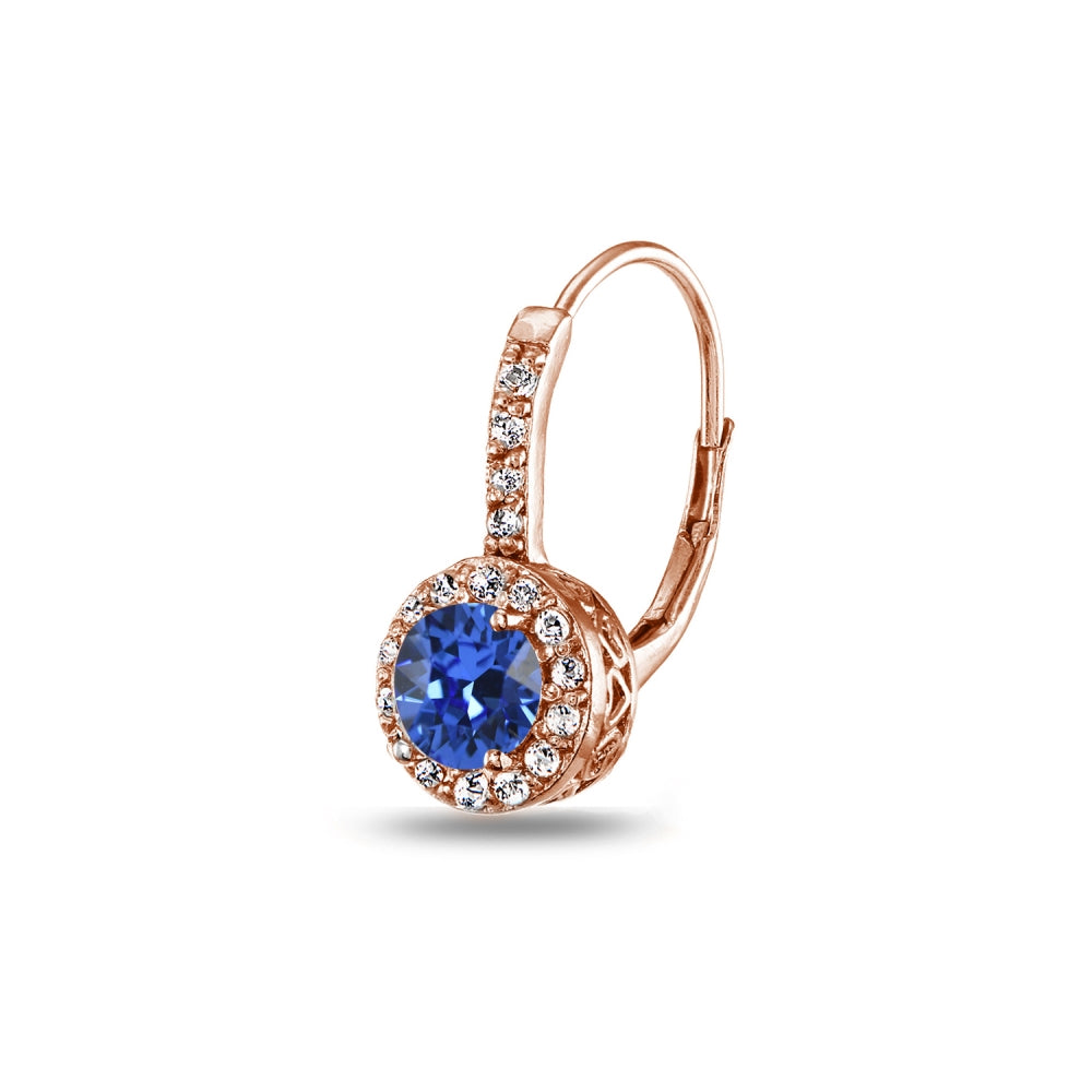 Rose Gold Flashed Sterling Silver Blue Halo Leverback Drop Earrings created with Swarovski Crystals-3