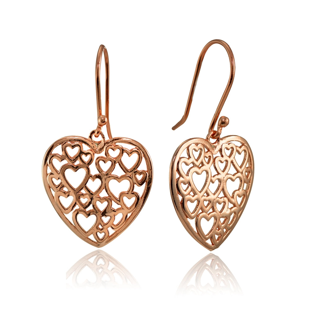 Rose Gold Flashed Sterling Silver Open Heart Filigree Dangle Earrings