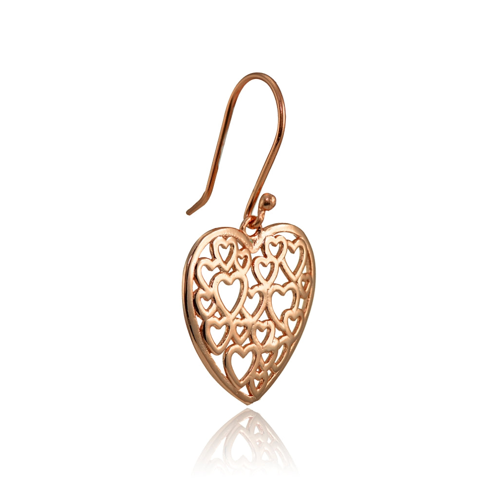 Rose Gold Flashed Sterling Silver Open Heart Filigree Dangle Earrings-3