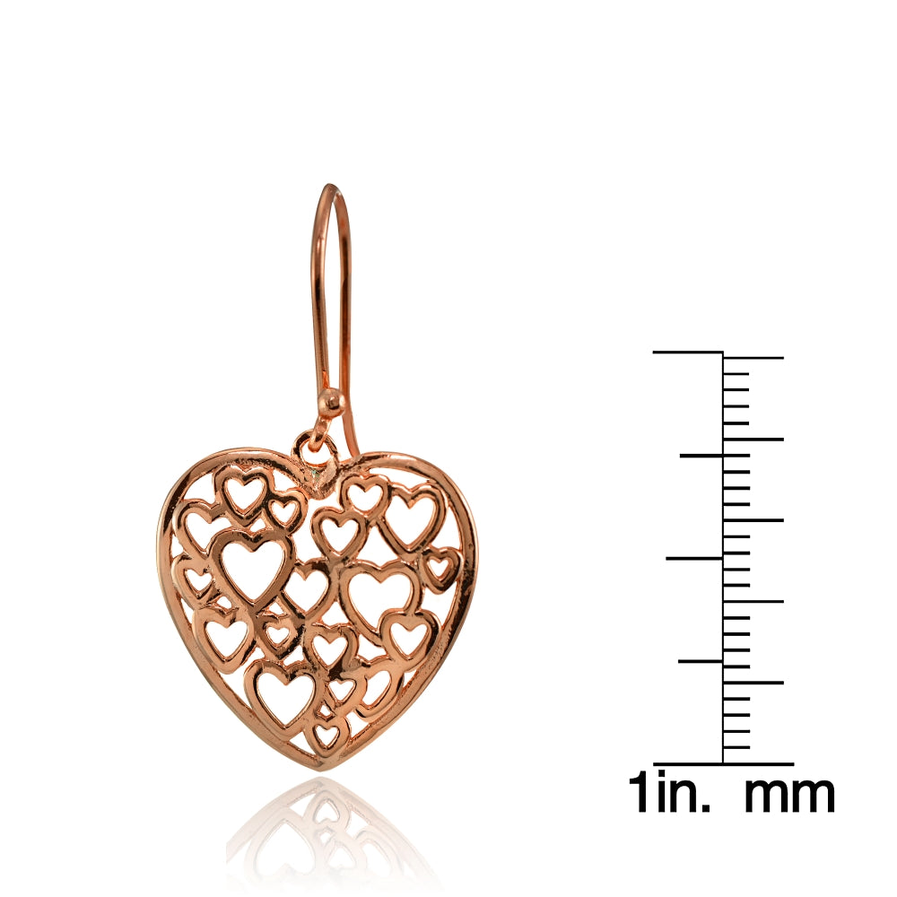 Rose Gold Flashed Sterling Silver Open Heart Filigree Dangle Earrings-4