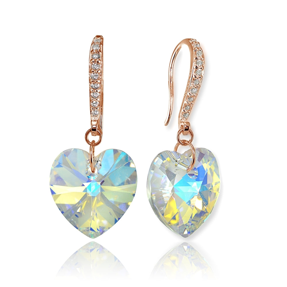 Rose Gold Flashed Sterling Silver Aurora Borealis Heart Dangle Earrings Created with Swarovski Crystals