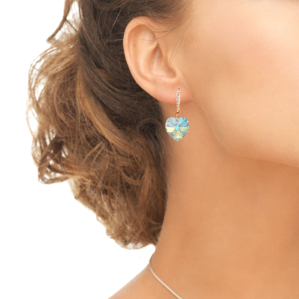 Rose Gold Flashed Sterling Silver Aurora Borealis Heart Dangle Earrings Created with Swarovski Crystals-2