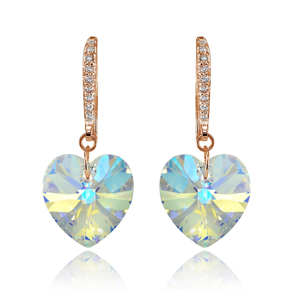 Rose Gold Flashed Sterling Silver Aurora Borealis Heart Dangle Earrings Created with Swarovski Crystals-3