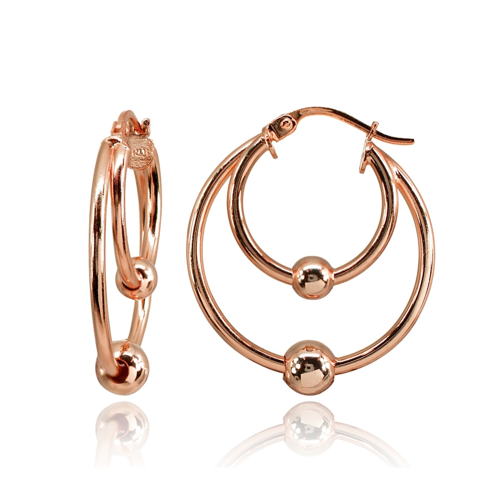 Rose Gold Flashed Sterling Silver High Polished Double Hoop with Bead Earrings