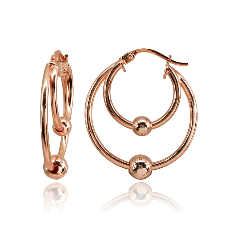 Rose Gold Flashed Sterling Silver High Polished Double Hoop with Bead Earrings