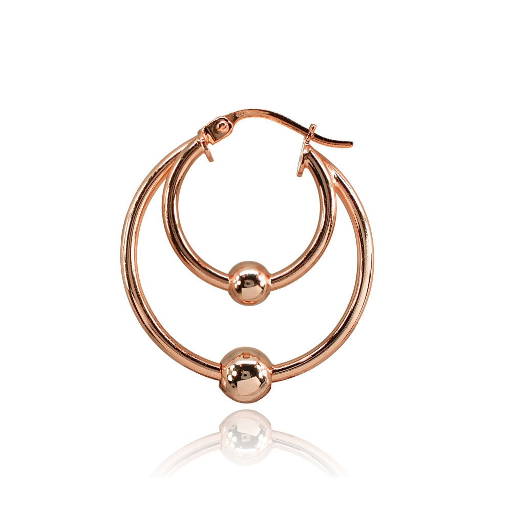 Rose Gold Flashed Sterling Silver High Polished Double Hoop with Bead Earrings-2