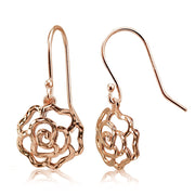 Rose Gold Flashed Sterling Silver High Polished Diamond-cut Filigree Rose Flower Dangle Earrings