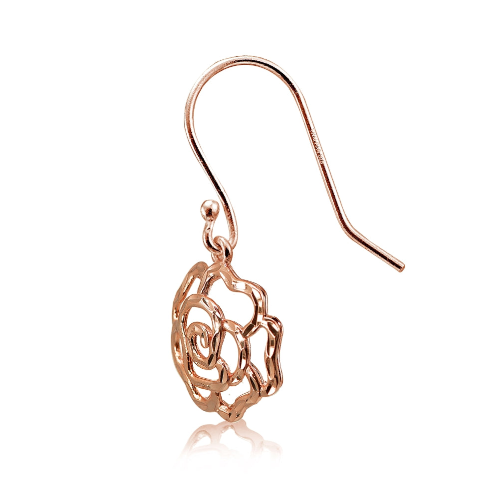 Rose Gold Flashed Sterling Silver High Polished Diamond-cut Filigree Rose Flower Dangle Earrings-2
