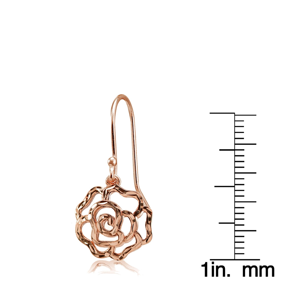 Rose Gold Flashed Sterling Silver High Polished Diamond-cut Filigree Rose Flower Dangle Earrings-3