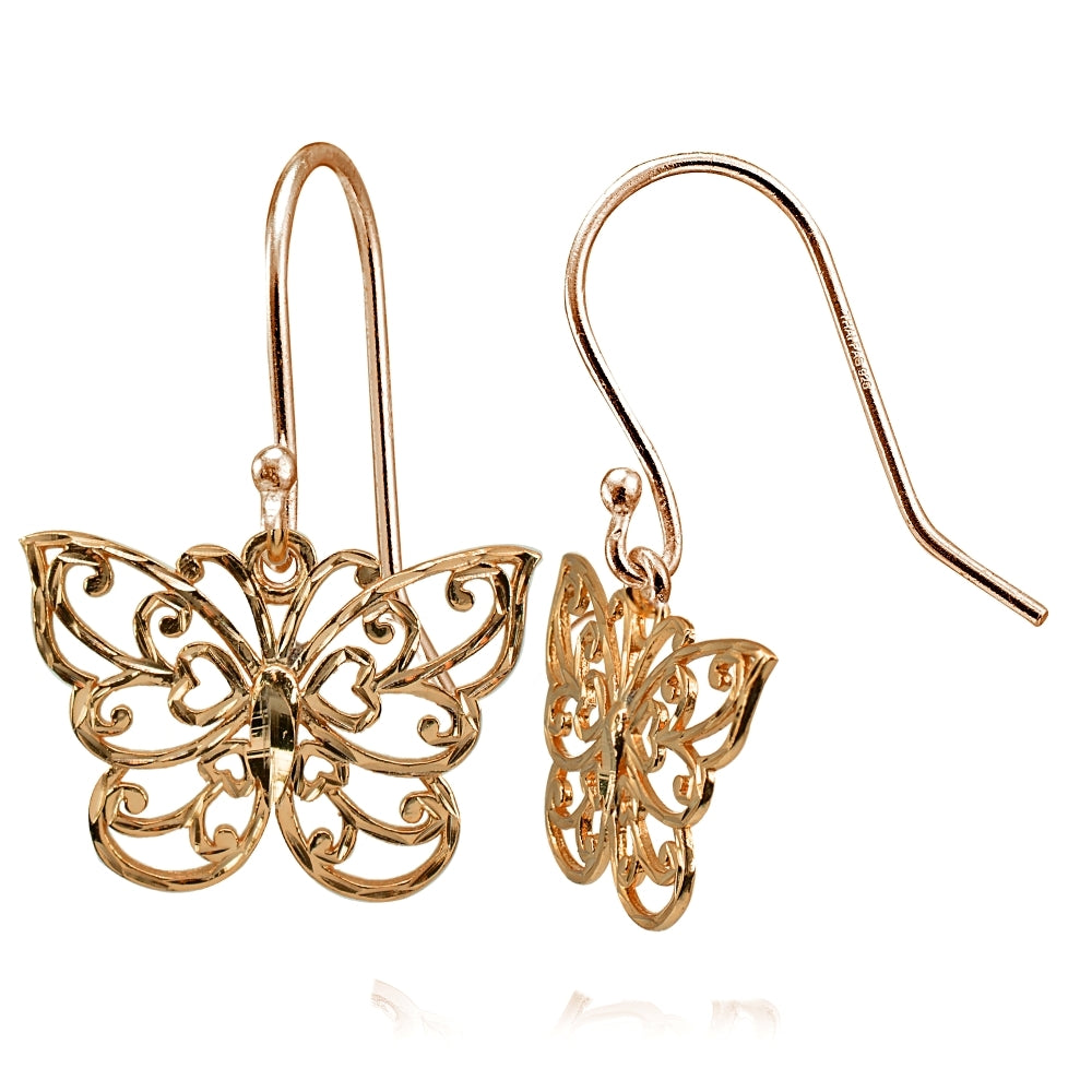 Rose Gold Flashed Sterling Silver High Polished Diamond-cut Filigree Butterfly Dangle Earrings