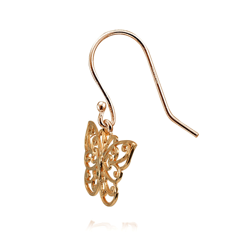 Rose Gold Flashed Sterling Silver High Polished Diamond-cut Filigree Butterfly Dangle Earrings-2