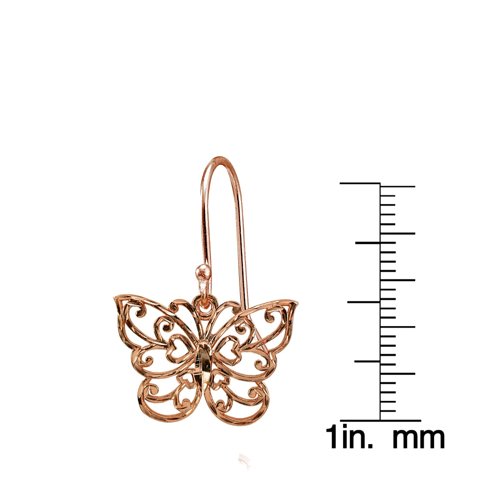 Rose Gold Flashed Sterling Silver High Polished Diamond-cut Filigree Butterfly Dangle Earrings-3