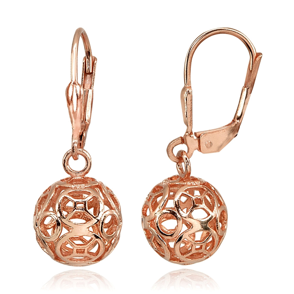 Rose Gold Flashed Sterling Silver Polished Filigree Hollow Ball Dangle Leverback Earrings