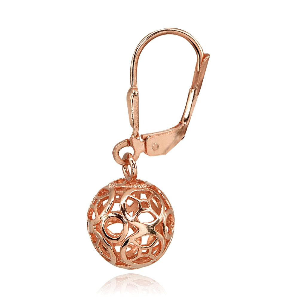 Rose Gold Flashed Sterling Silver Polished Filigree Hollow Ball Dangle Leverback Earrings-2