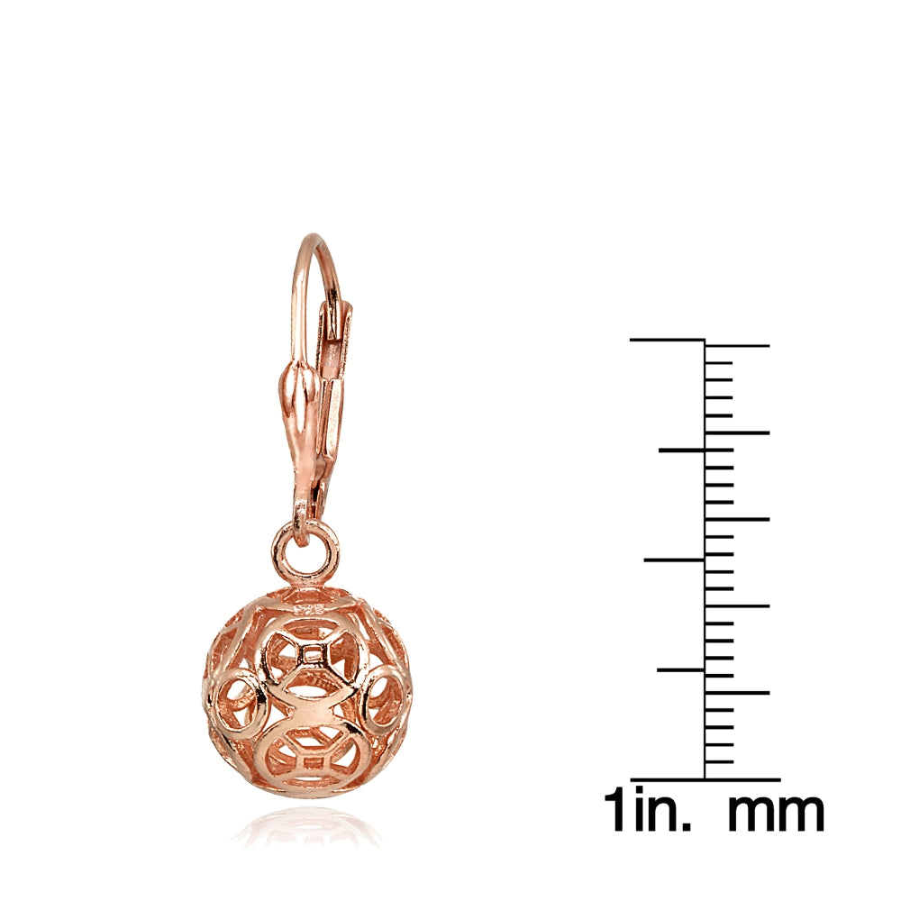 Rose Gold Flashed Sterling Silver Polished Filigree Hollow Ball Dangle Leverback Earrings-3