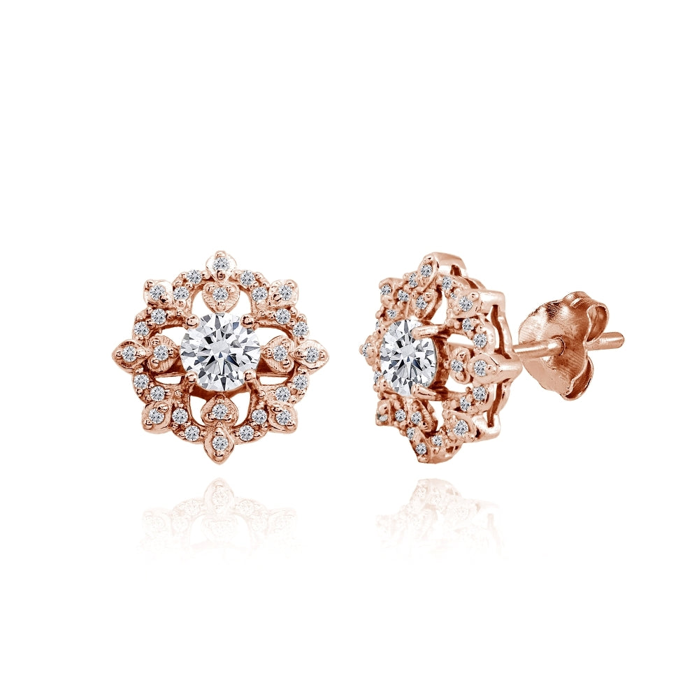 Rose Gold Flashed Sterling Silver Cubic Zirconia Round Snowflake Stud Earrings