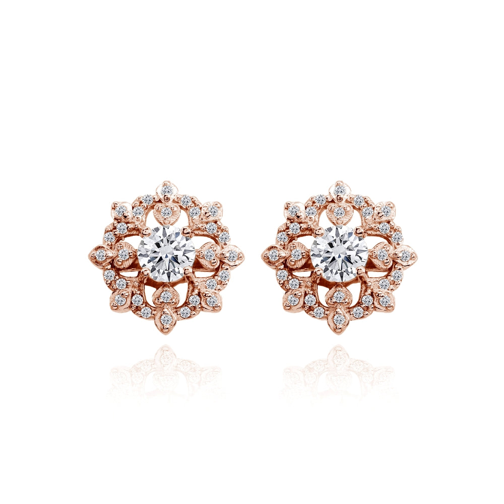 Rose Gold Flashed Sterling Silver Cubic Zirconia Round Snowflake Stud Earrings-2