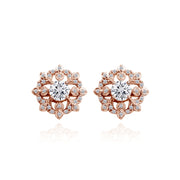 Rose Gold Flashed Sterling Silver Cubic Zirconia Round Snowflake Stud Earrings