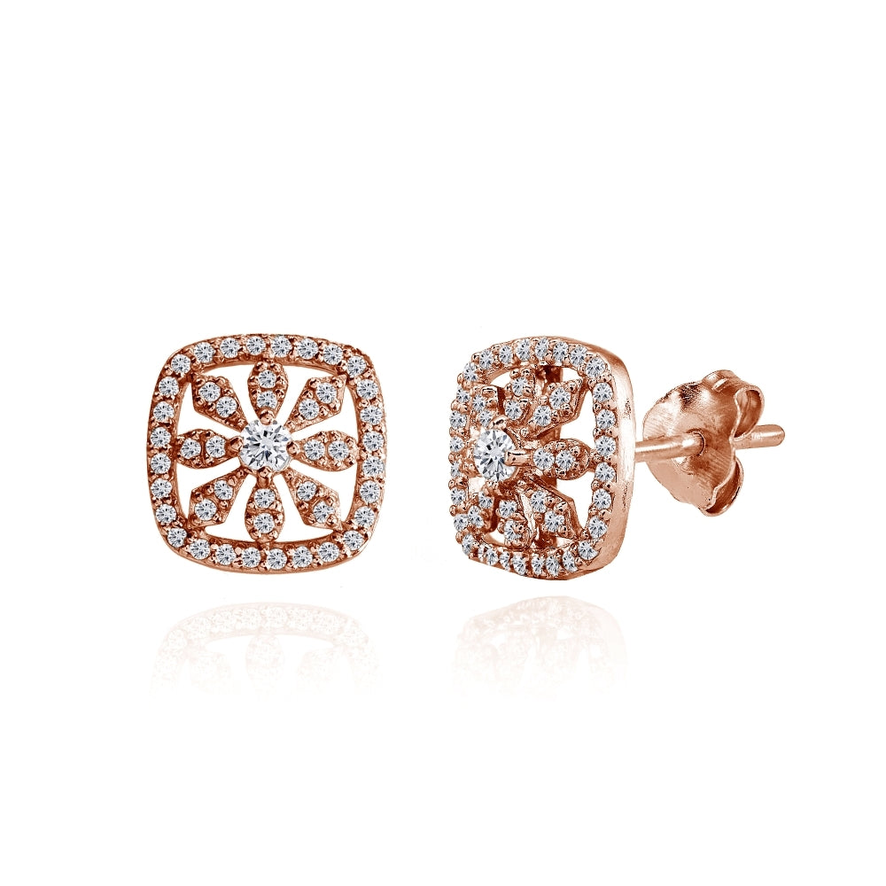 Rose Gold Flashed Sterling Silver Cubic Zirconia Flower Cushion-Shape Stud Earrings