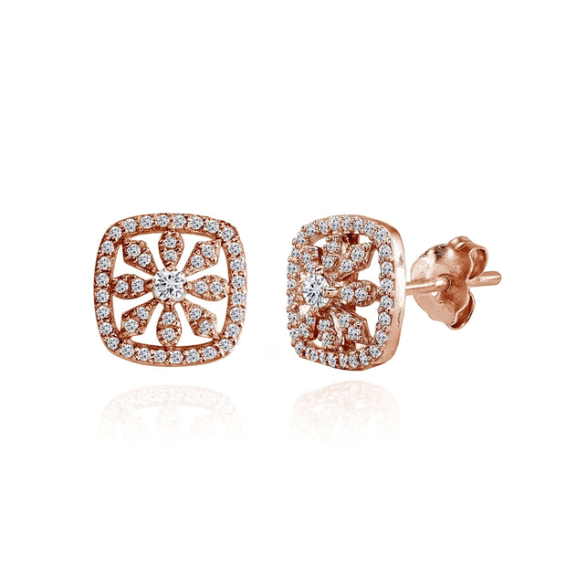 Rose Gold Flashed Sterling Silver Cubic Zirconia Flower Cushion-Shape Stud Earrings