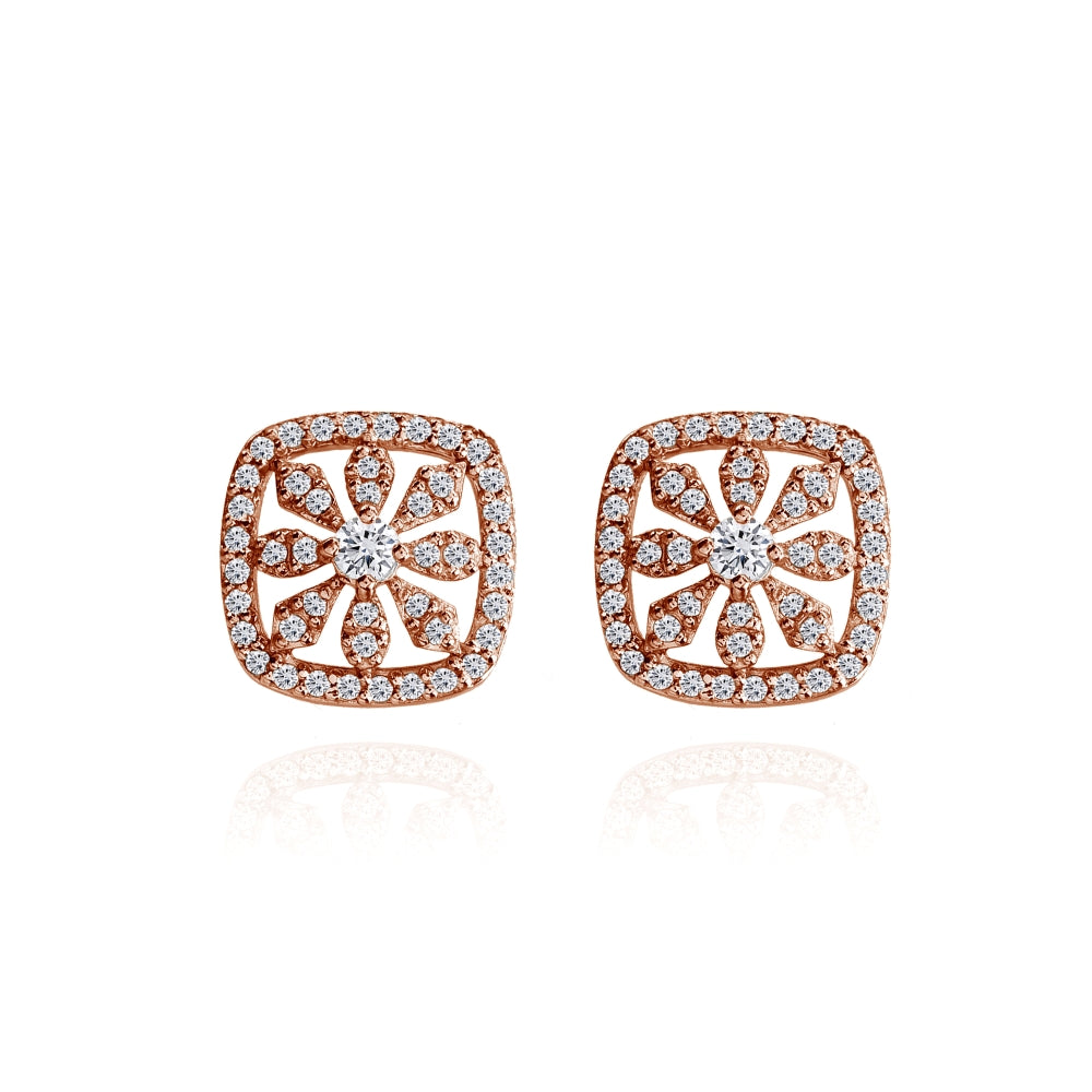 Rose Gold Flashed Sterling Silver Cubic Zirconia Flower Cushion-Shape Stud Earrings-2