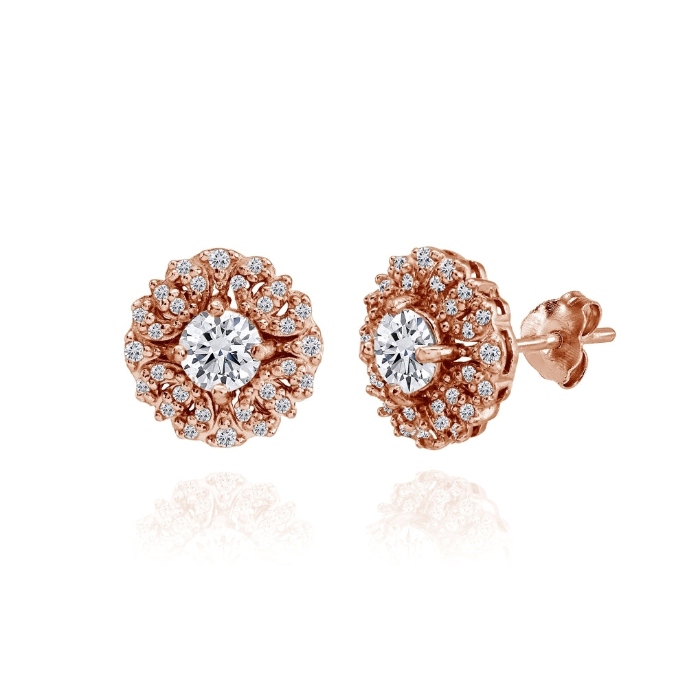 Rose Gold Flashed Sterling Silver Cubic Zirconia Round Flower Cluster Stud Earrings
