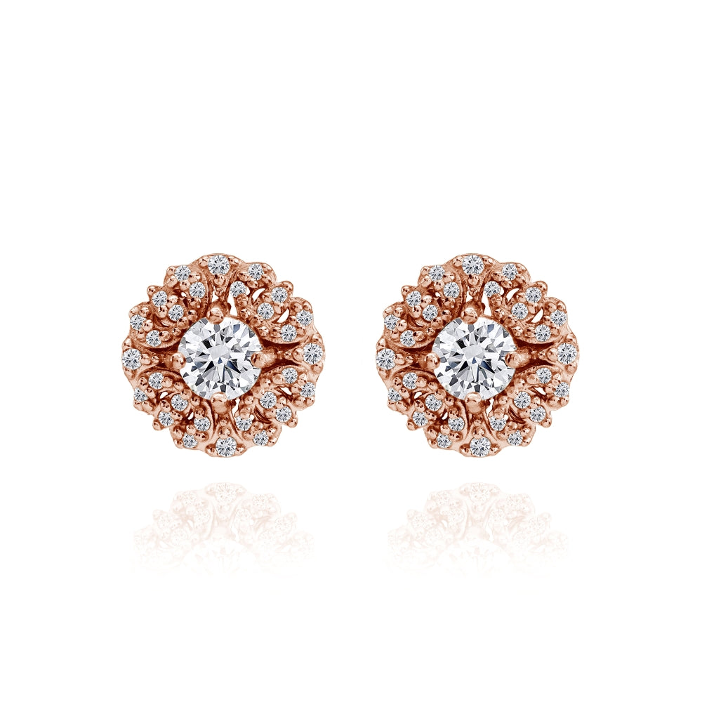 Rose Gold Flashed Sterling Silver Cubic Zirconia Round Flower Cluster Stud Earrings-2