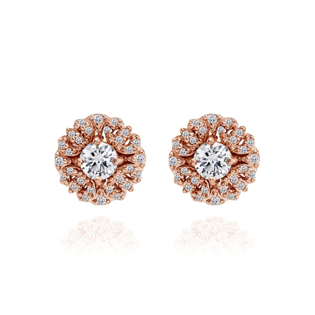 Rose Gold Flashed Sterling Silver Cubic Zirconia Round Flower Cluster Stud Earrings