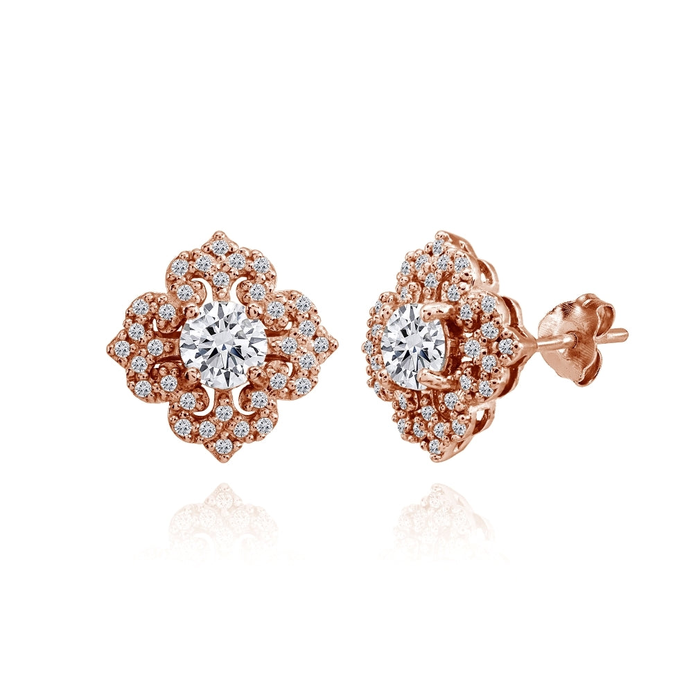 Rose Gold Flashed Sterling Silver Cubic Zirconia Fleur De Lis Stud Earrings