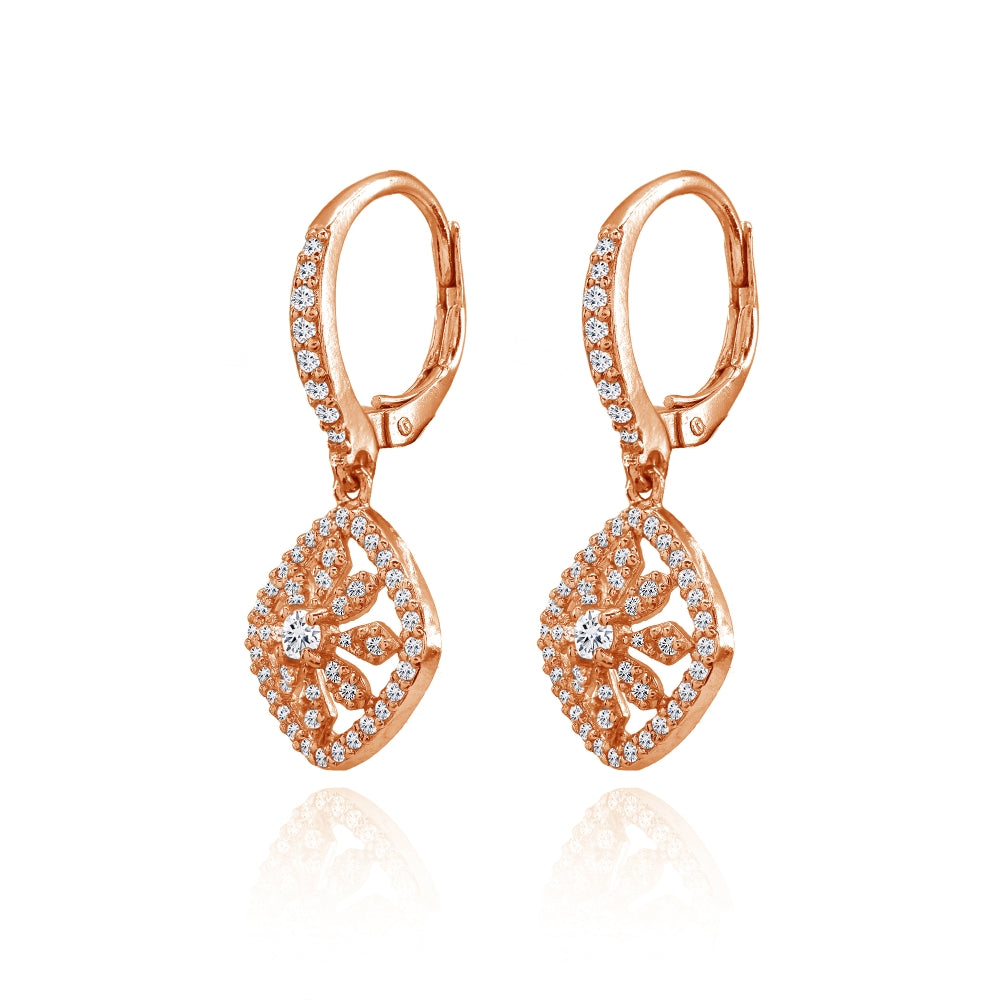 Rose Gold Flashed Sterling Silver Cubic Zirconia Flower Cushion-Shape Dangle Leverback Earrings-2