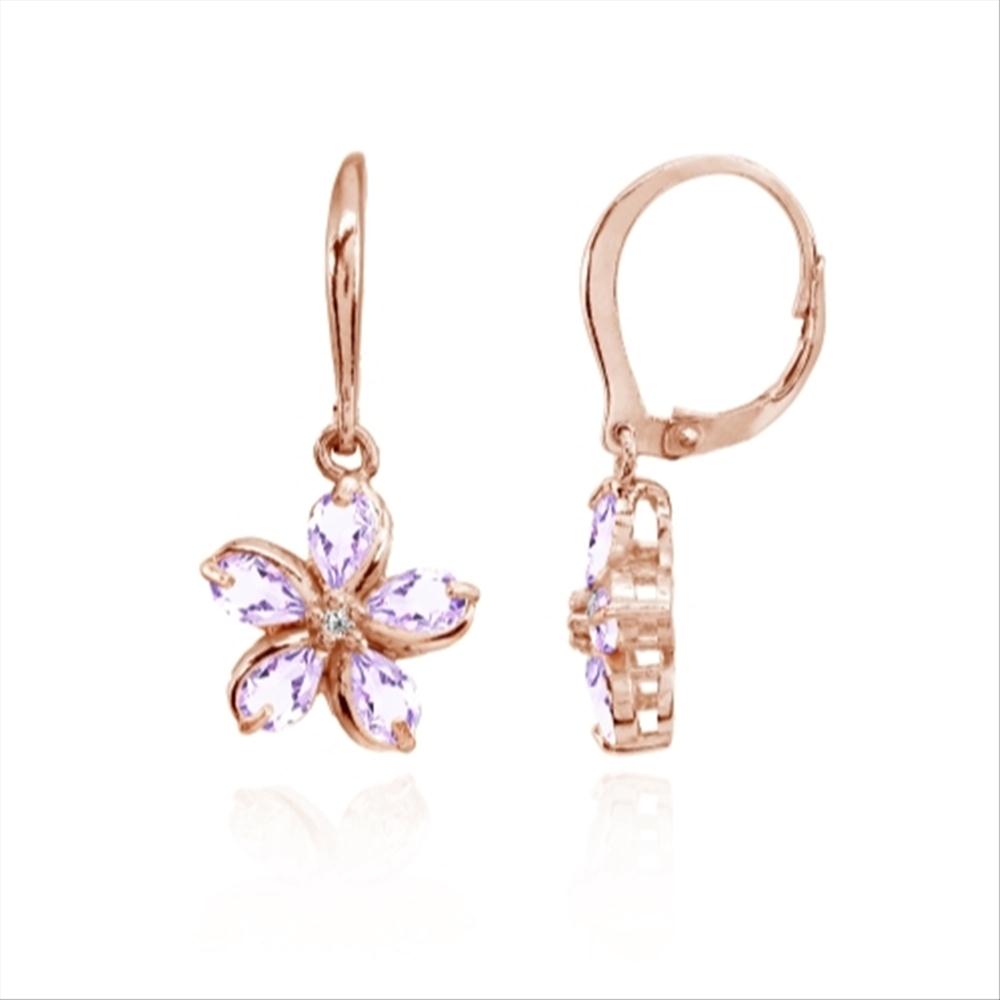 Rose Gold Flashed Sterling Silver Amethyst Polished Flower Dangle Leverback Earrings-2