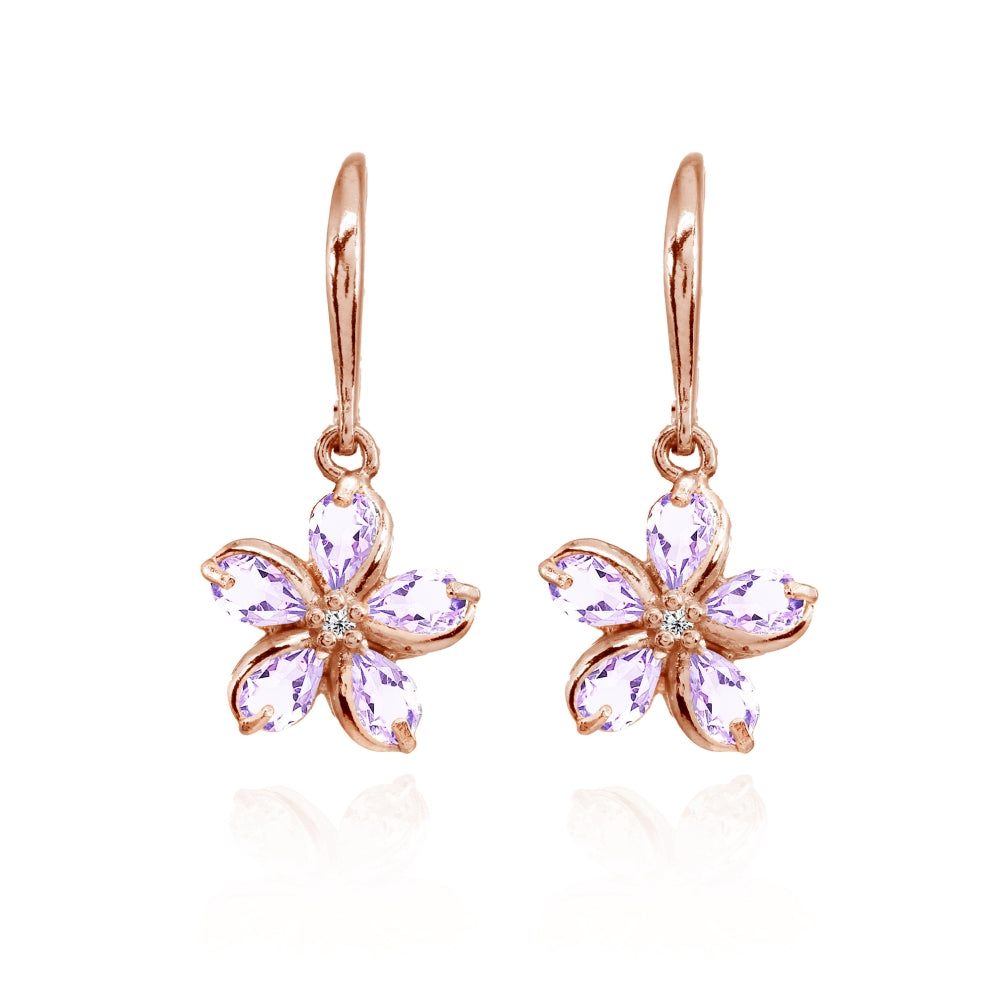 Rose Gold Flashed Sterling Silver Amethyst Polished Flower Dangle Leverback Earrings-3