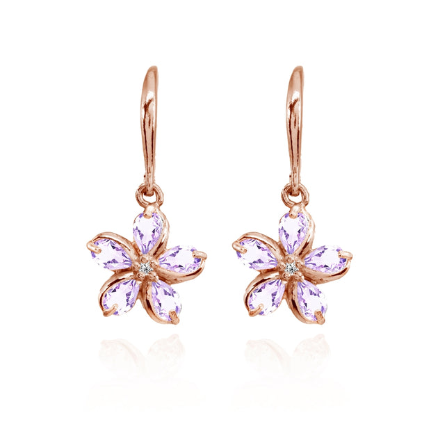 Rose Gold Flashed Sterling Silver Amethyst Polished Flower Dangle Leverback Earrings