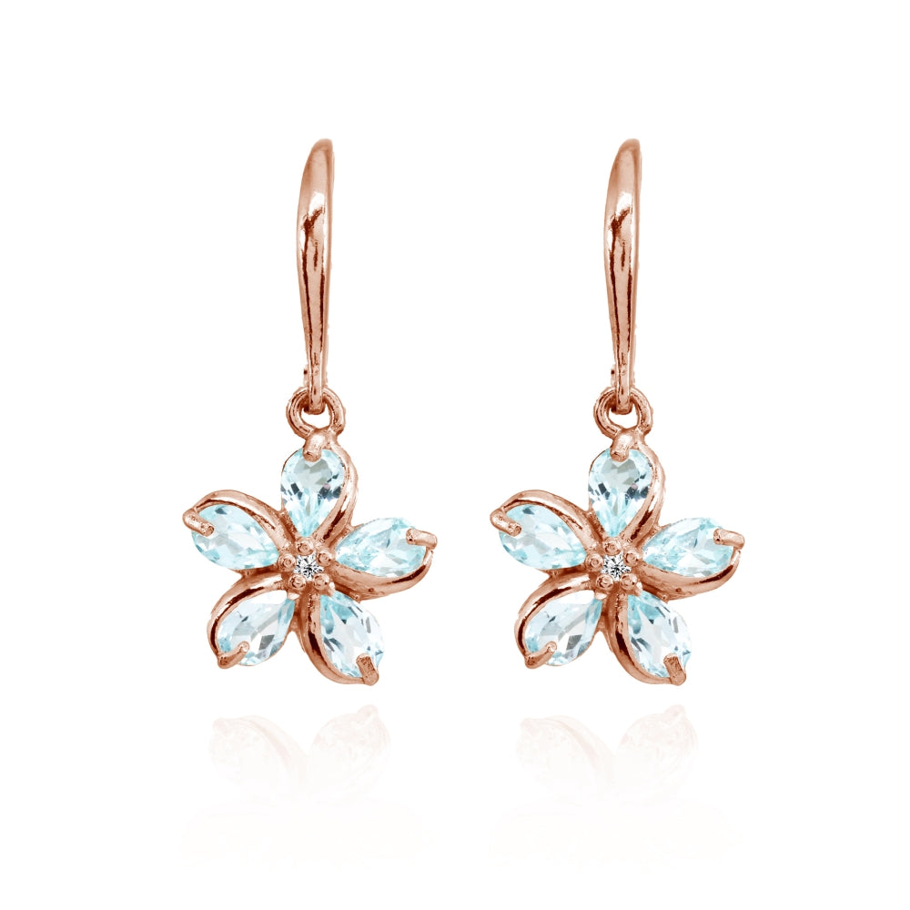 Rose Gold Flashed Sterling Silver Blue Topaz Polished Flower Dangle Leverback Earrings-2