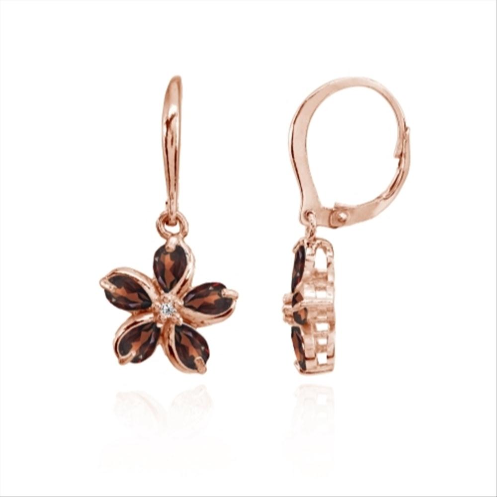 Rose Gold Flashed Sterling Silver Garnet Polished Flower Dangle Leverback Earrings-2