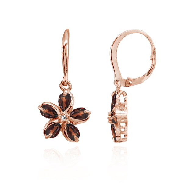 Rose Gold Flashed Sterling Silver Garnet Polished Flower Dangle Leverback Earrings