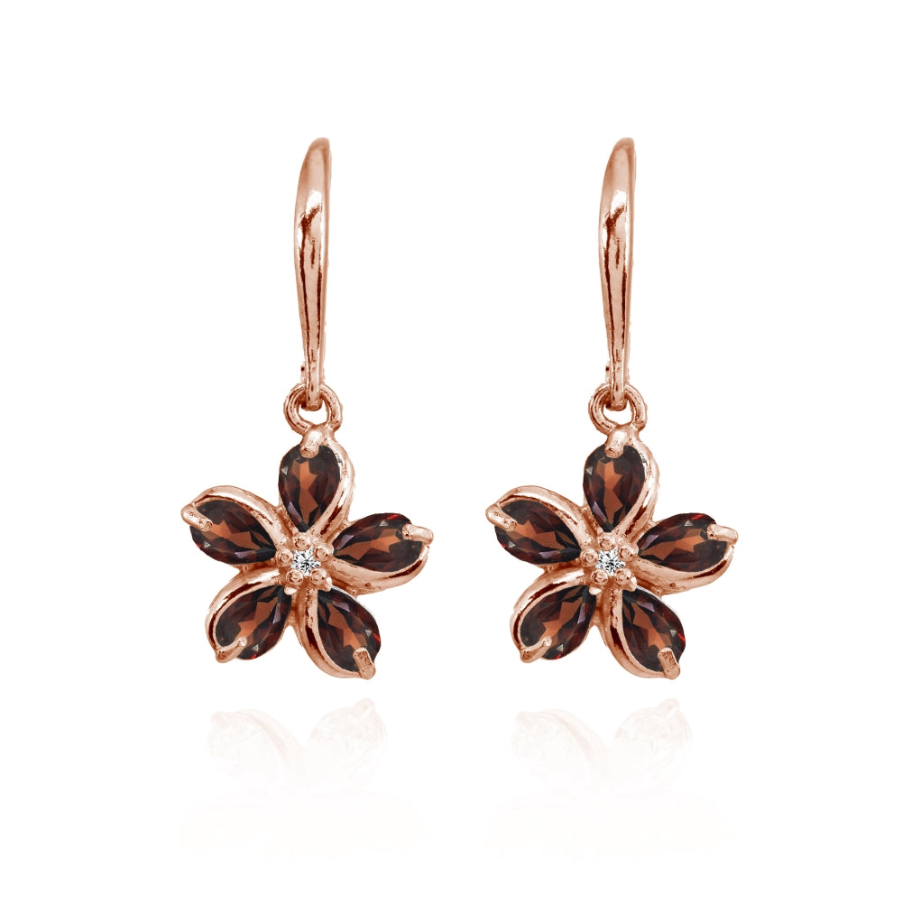 Rose Gold Flashed Sterling Silver Garnet Polished Flower Dangle Leverback Earrings-3