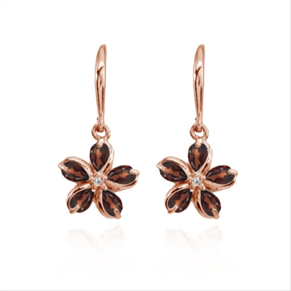 Rose Gold Flashed Sterling Silver Garnet Polished Flower Dangle Leverback Earrings-4