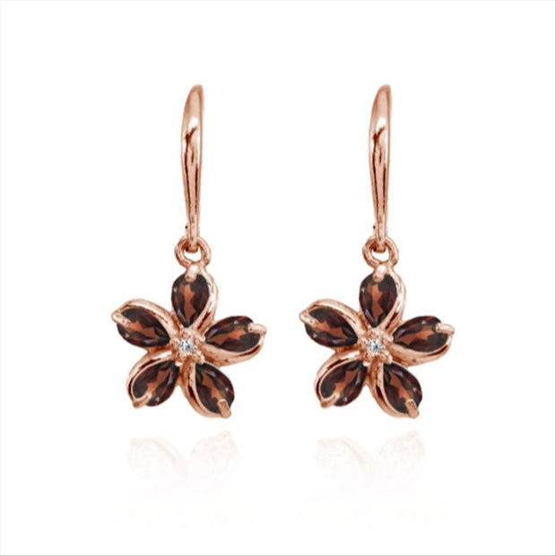 Rose Gold Flashed Sterling Silver Garnet Polished Flower Dangle Leverback Earrings