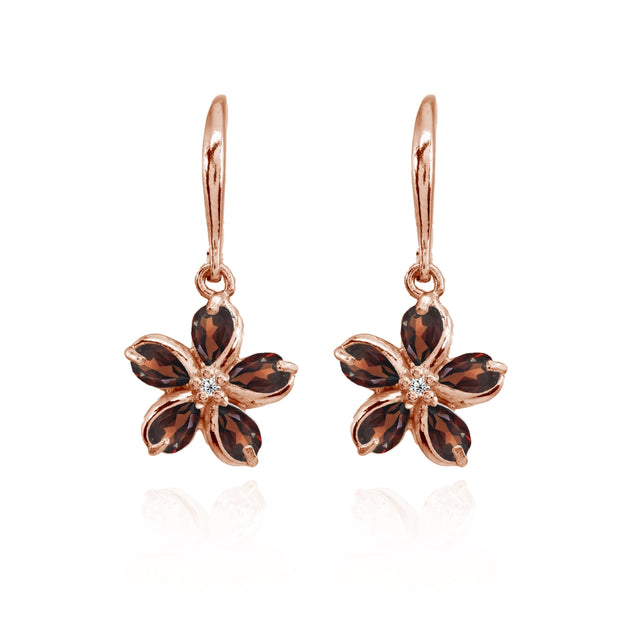 Rose Gold Flashed Sterling Silver Garnet Polished Flower Dangle Leverback Earrings