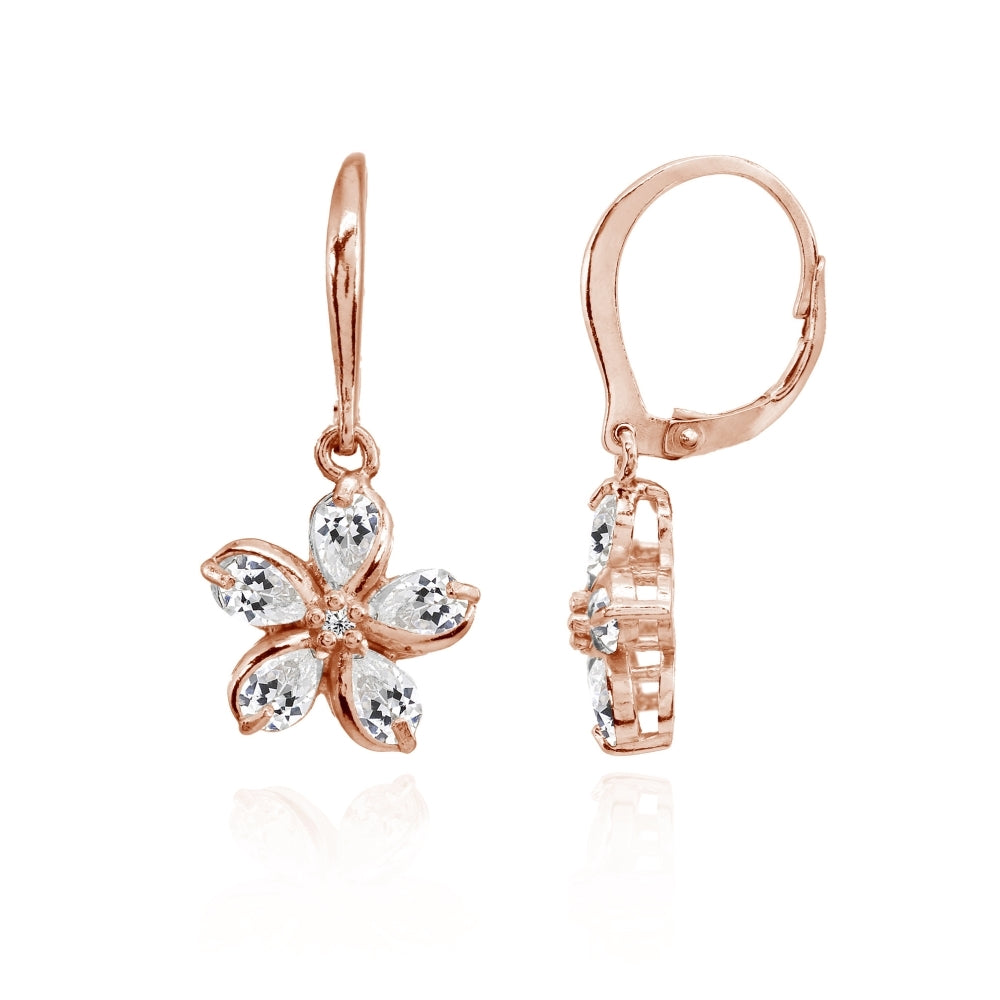 Rose Gold Flashed Sterling Silver Cubic Zirconia Polished Flower Dangle Leverback Earrings