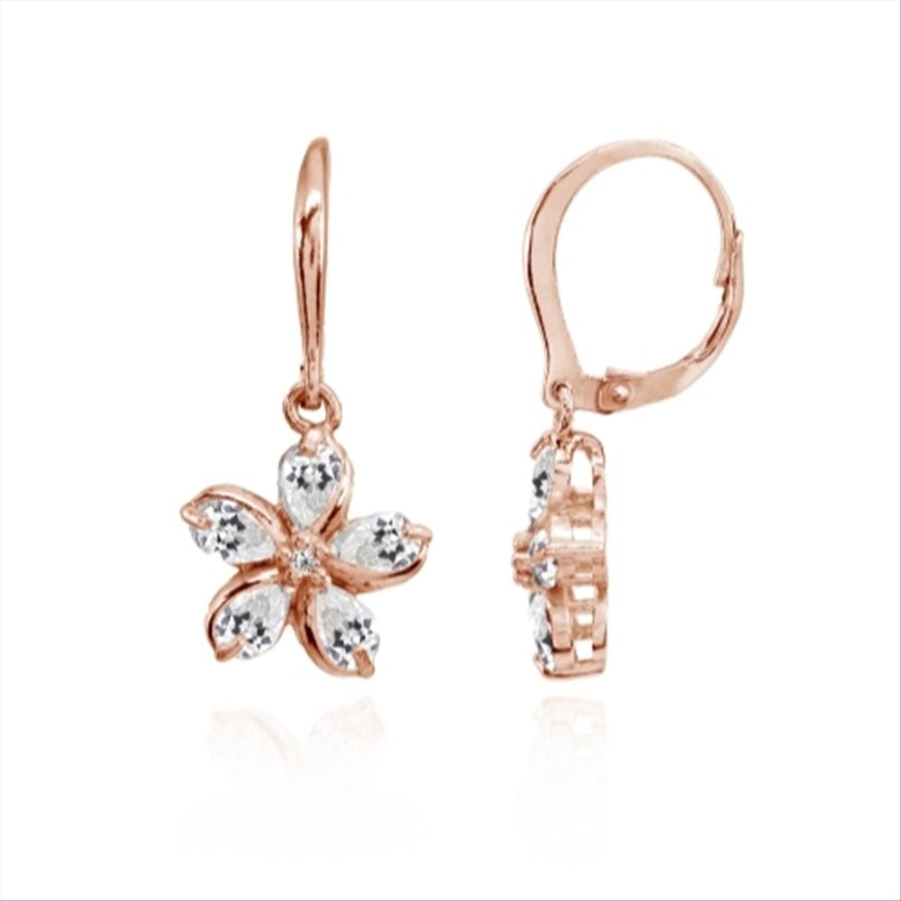 Rose Gold Flashed Sterling Silver Cubic Zirconia Polished Flower Dangle Leverback Earrings-2
