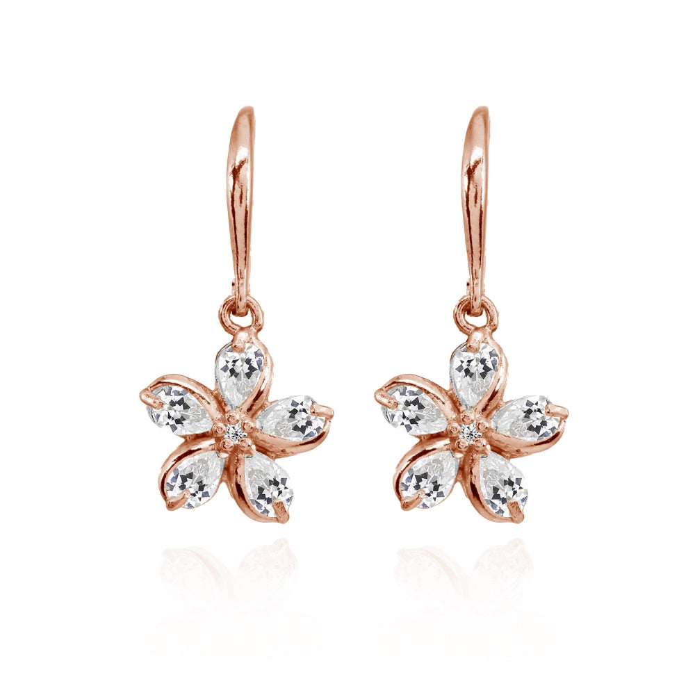 Rose Gold Flashed Sterling Silver Cubic Zirconia Polished Flower Dangle Leverback Earrings-3