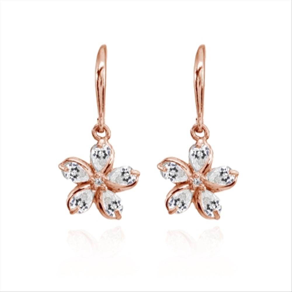 Rose Gold Flashed Sterling Silver Cubic Zirconia Polished Flower Dangle Leverback Earrings-4