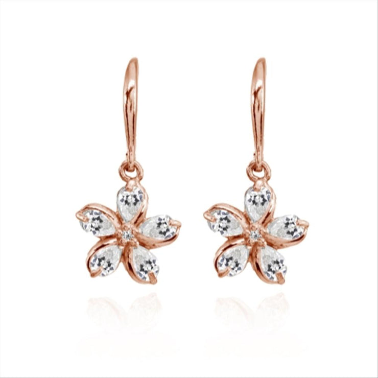 Rose Gold Flashed Sterling Silver Cubic Zirconia Polished Flower Dangle Leverback Earrings