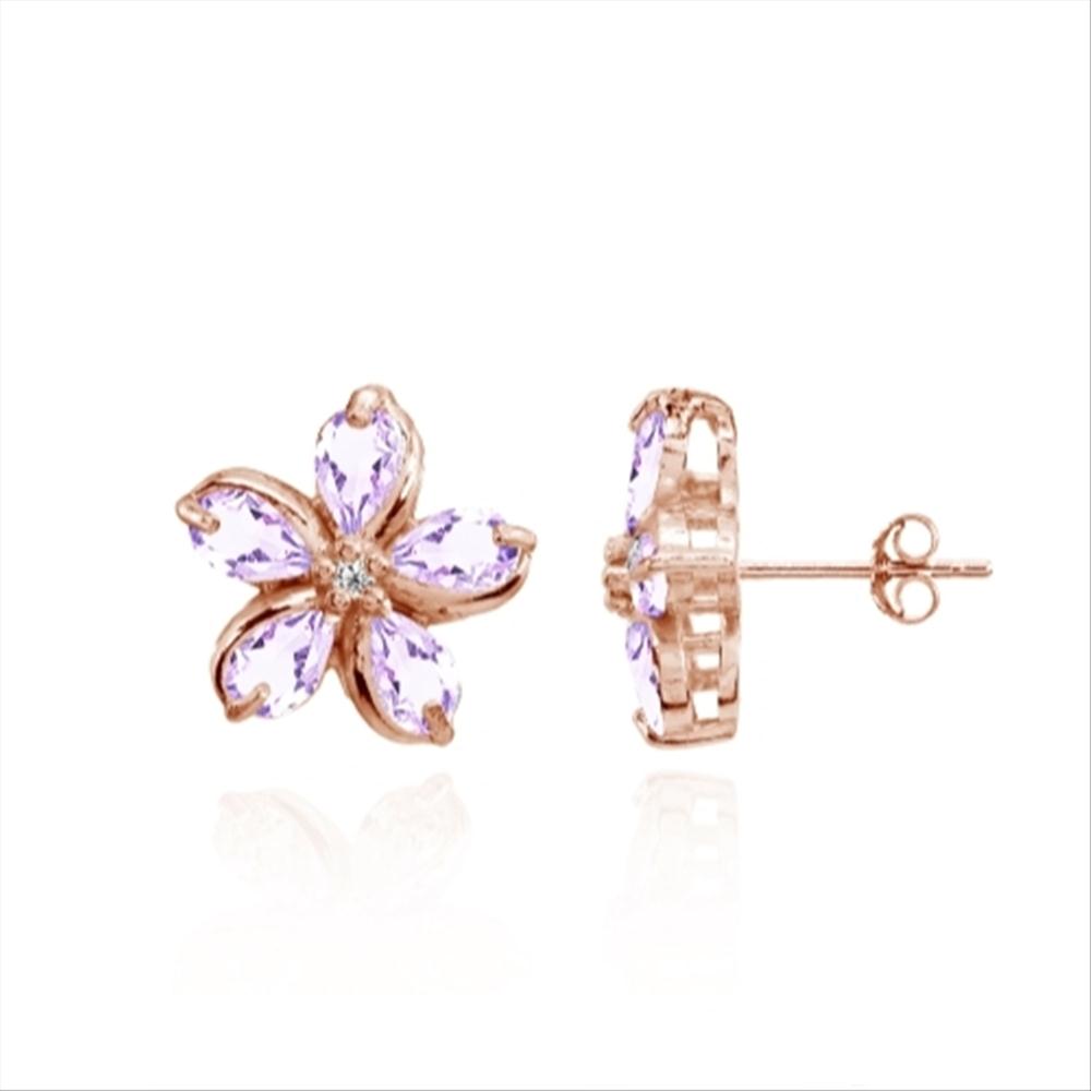 Rose Gold Flashed Sterling Silver Amethyst Polished Flower Stud Earrings-2