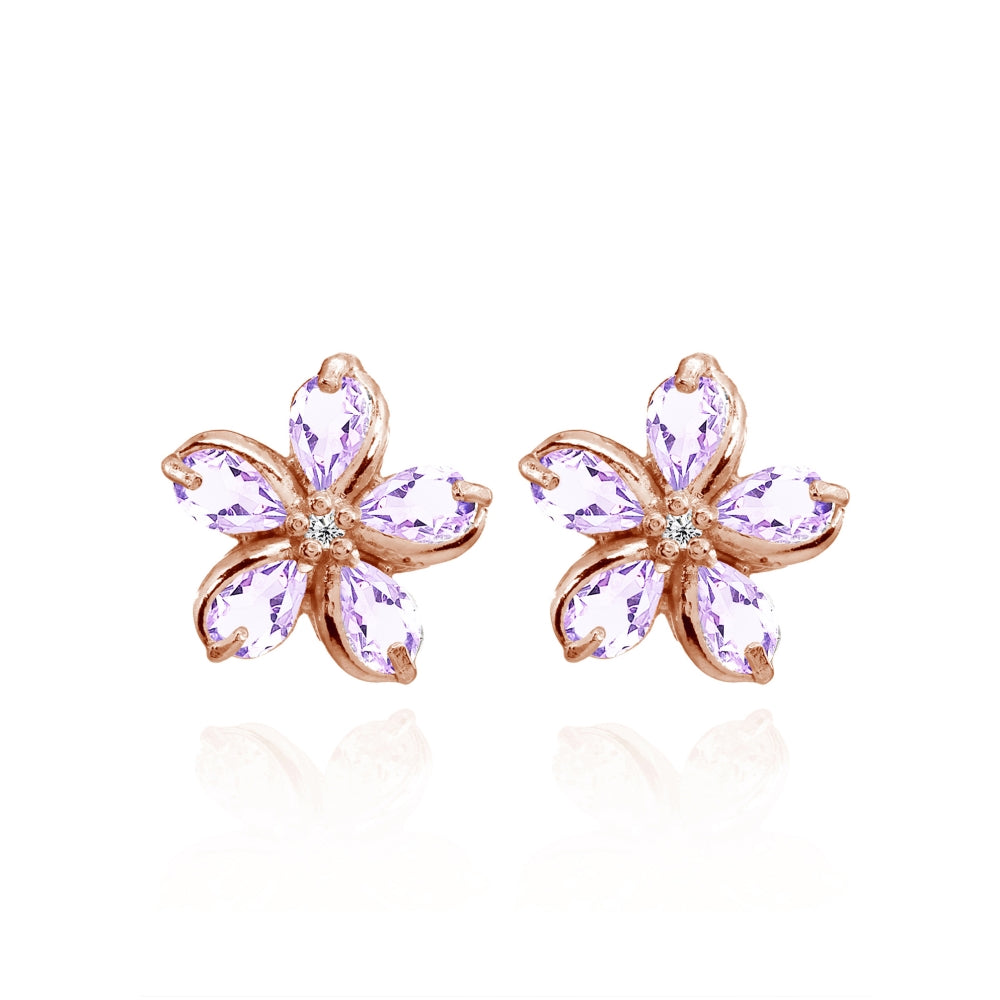 Rose Gold Flashed Sterling Silver Amethyst Polished Flower Stud Earrings-3