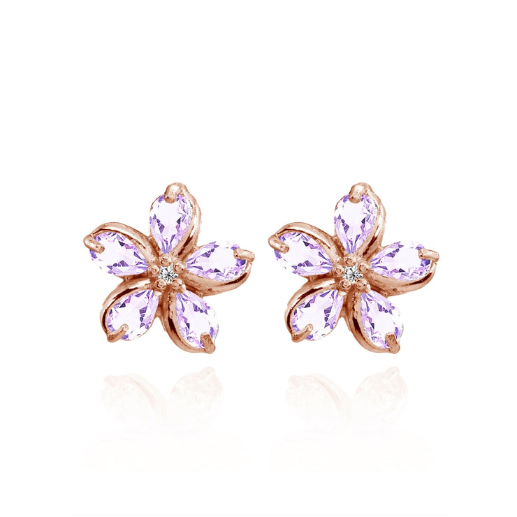 Rose Gold Flashed Sterling Silver Amethyst Polished Flower Stud Earrings
